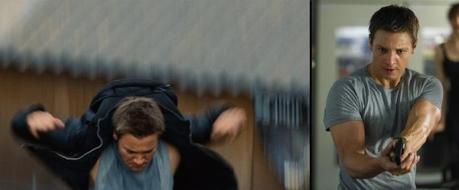 Aaron Cross’s Biker Jacket in The Bourne Legacy Cross was just wearing a gray t-shirt (right), so how did it magically become a sleeveless shirt (left)? Why don't I just stop being a nitpicky ass and enjoy the flick?