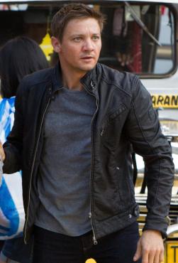 Aaron Cross’s Biker Jacket in The Bourne Legacy Jeremy Renner looking intently at something as Aaron Cross in The Bourne Legacy.