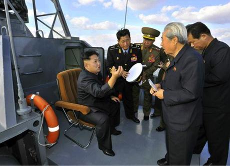 Kim Jong Un (L) during an inspection of recently constructed KPA Navy warships.  Also in attendance are VAdm Kim Myong Sik (2nd L), Gen. Ri Yong Gil (3rd L) and Ju Kyu Chang (R) (Photo: Rodong Sinmun).