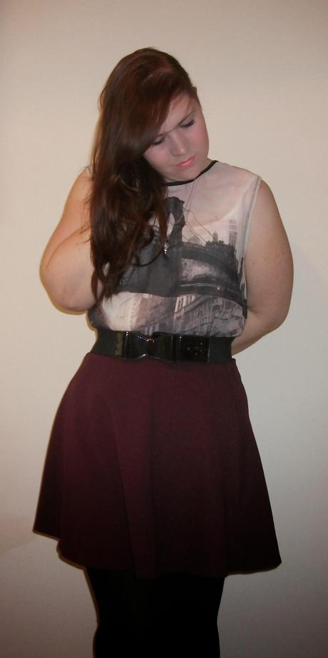 going out outfit purple skirt new york see-through top bow belt