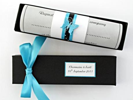 Wedding Invitation Scroll - Melissa in Black and Turquoise
