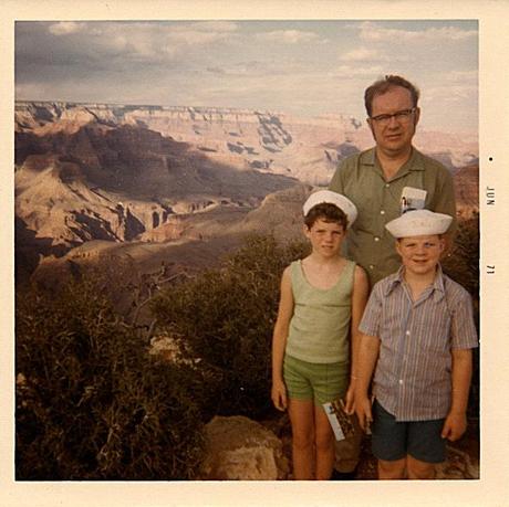 Two children and father at Grand Canyon, 1971