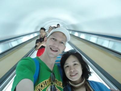On the way down into Revival metro - the world's deepest metro system! revival escalator