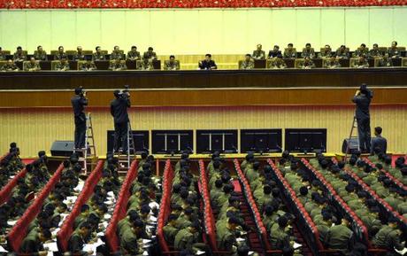 View of the leadership platform at a shooting competition of participants in the 4th Meeting of KPA Company Commanders and Political Instructors (Photo: Rodong Sinmun).