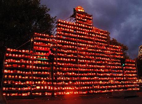 main tower keene new hampshire pumpkin festival showing hundreds of carved and lighted jack o'lanterns