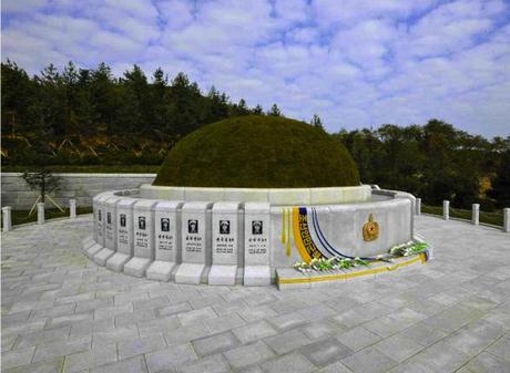 A burial mound and memorial stones in the recently constructed KPA Navy Cemetery (Photo: Rodong Sinmun).