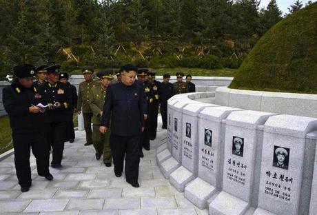 Kim Jong Un and senior KWP and KPA officials view the graves in a KPA Navy cemetery constructed for personnel killed in action on a submarine chaser in October 2012 (Photo: Rodong Sinmun).