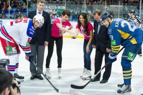 Miss Universe ladies at a hockey game in Moscow.
