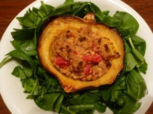 Apple cider tempeh vegan stuffed squash for fall with spinach Apple cider tempeh vegan stuffed squash for fall with spinach