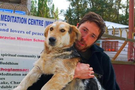 Niels holds onto Rumi who  desperately wanted to join us on our Chamsar kangri climb. He certainly is a residential boy these days and loved to the max.
