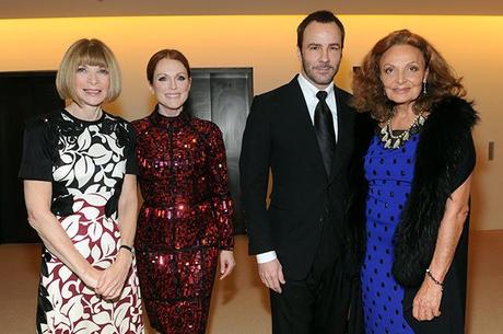  Editor-in-chief of American Vogue Anna Wintour, actress Julianne Moore, designer Tom Ford and designer Diane von Furstenberg attend CFDA and Vogue 2013 Fashion Fund Finalists Celebration at Spring Studios on November 11, 2013 in New York City.  (Photo by Jamie McCarthy/Getty Images)
