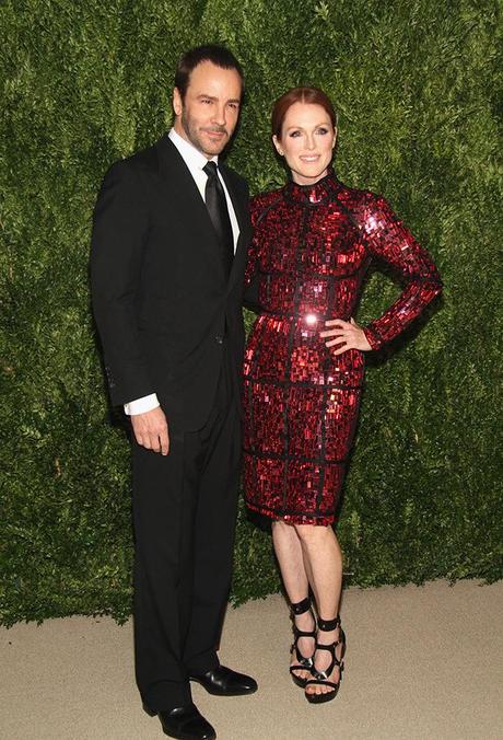 Designer Tom Ford and actress Julianne Moore attend CFDA and Vogue 2013 Fashion Fund Finalists Celebration at Spring Studios on November 11, 2013 in New York City.