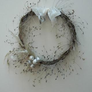 Vine wreath with ammi seed heads, pampas grass and silver baubles.