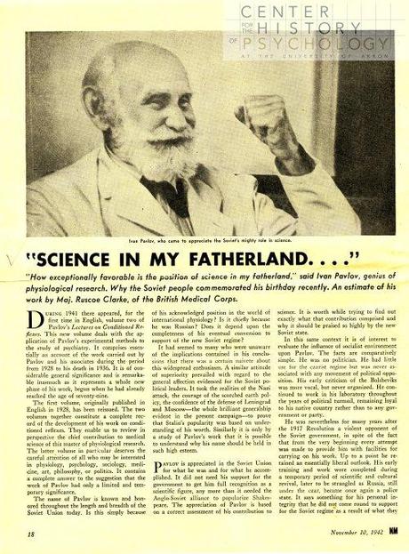  First page of an article about Ivan Pavlov in “New Masses”.