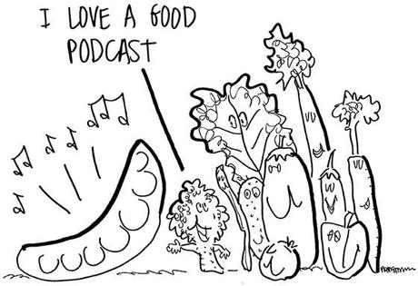 original pea podcast line drawing, broccoli string bean tomato eggplant, lettuce celery carrot other vegetables standing next to a peapod that is broadcasting a podcast