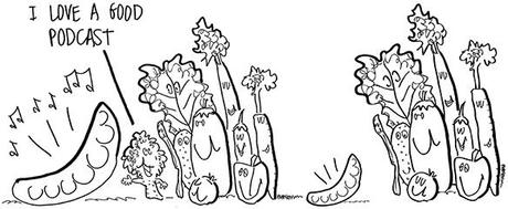 comparison of original and revised line drawings for pea podcast showing broccoli string bean tomato eggplant, lettuce celery carrot other vegetables standing next to a peapod that is broadcasting a podcast