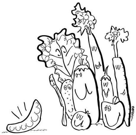 revised line drawing for pea podcast showing broccoli string bean tomato eggplant, lettuce celery carrot other vegetables standing next to a peapod that is broadcasting a podcast