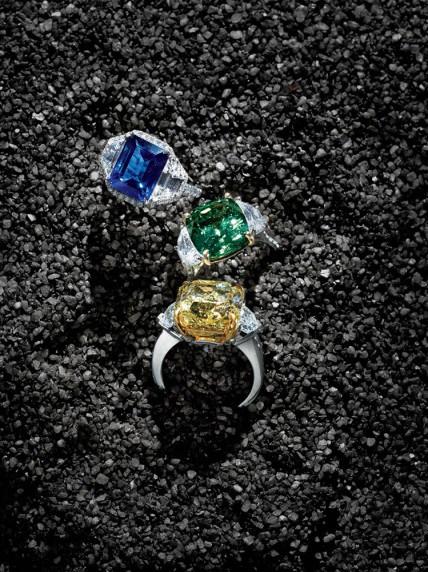 Bayco  Rings in 18k yellow gold and platinum settings with diamonds. USA. Blue sapphire $90,000. Fancy intense yellow diamond $800,000. Green sapphire $50,000.