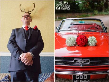 Julia & Chris Got Married! | Wedding Photography Groom with stag horns over head and bouquets resting atop a classic red Mustang