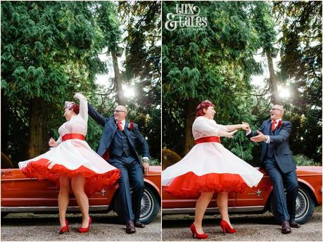 Julia & Chris Got Married! | Wedding Photography Bride and groom dancing in front of vintage mustang red heart details photographyt