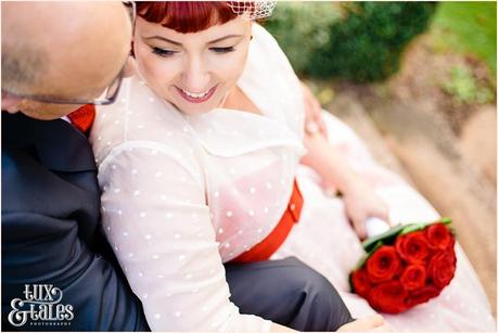 Julia & Chris Got Married! | Wedding Photography Vintage bride pose with red details in Yorkshire Photography