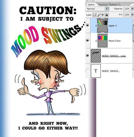 using second clipped layer to enhance color effects on first clipped layer for Caution I'm subject to mood swings two-faced woman with smile frown giving both thumbs-up and thumbs-down