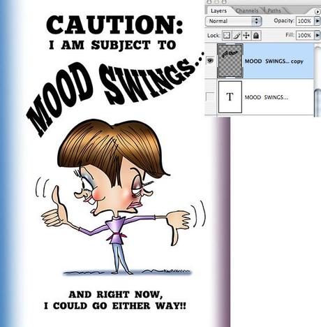 rasterizing text layer then warping text for Caution I'm subject to mood swings two-faced woman with smile frown giving both thumbs-up and thumbs-down