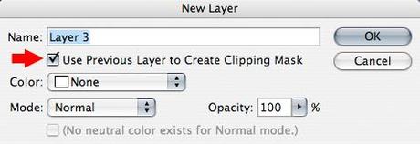 Photoshop New Layer Window check box to clip new layer to previous layer