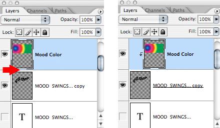 Photoshop Layers windows demonstrating how can alt-click on line between layers to convert upper layer to clipped layer