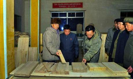 DPRK Premier Pak Pong Ju (L) inspects products of the Kanggye Wood Processing Factory in Kanggye, Chagang Province (Photo: Rodong Sinmun).