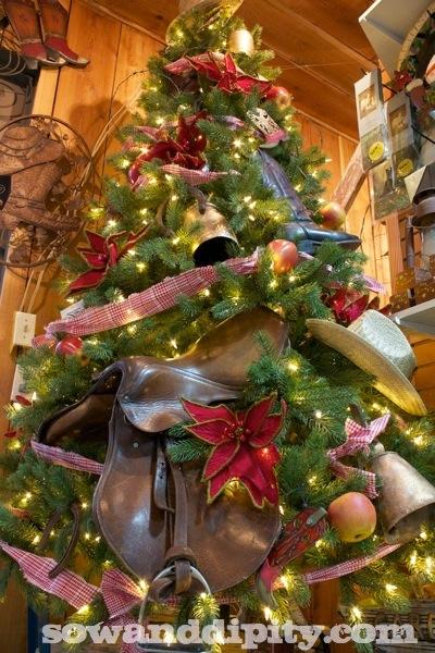 Shelley Lewis of Sow & Dipity Talks Unusual Christmas Trees, Decorating, And Crafting Why yes, that is a saddle in a Christmas tree. From the creative genius of Shelley Levis.