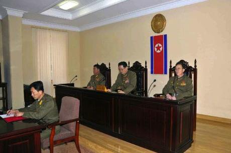 A three-member panel of the Ministry of State Security's special tribunal hearing accusations against Jang Song Taek (Photo: Rodong Sinmun).