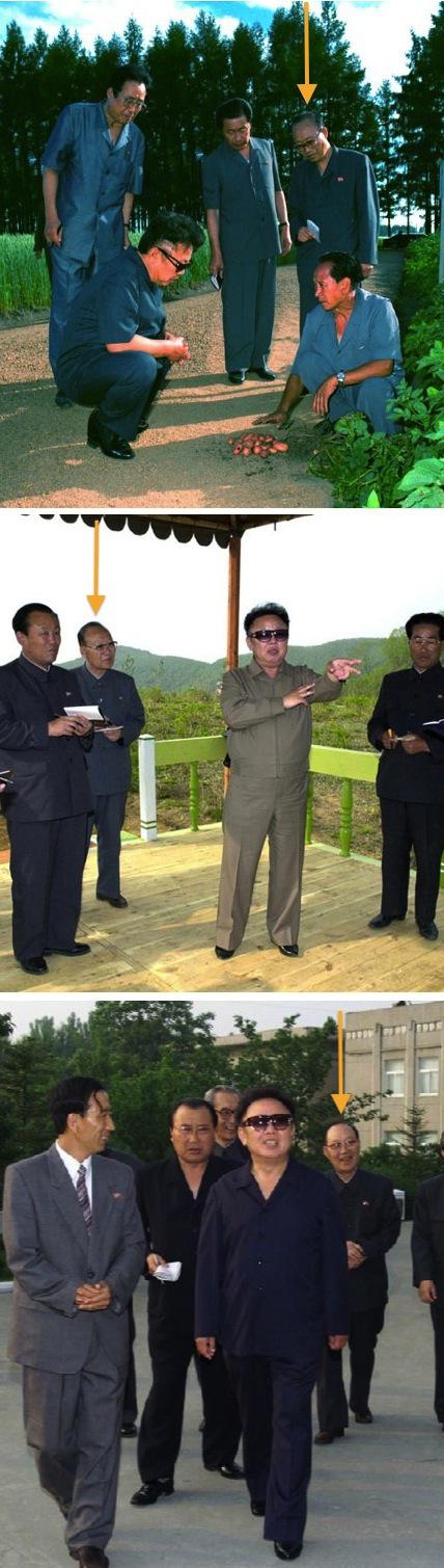 Kim Kuk T'ae routinely accompanied Kim Jong Il during the late 1990s and early 2000s (Photos: Rodong Sinmun).