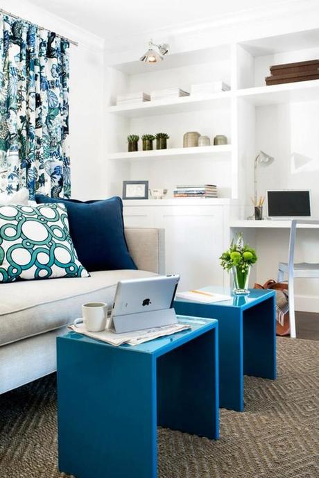 blue accents in a white room
