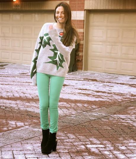 topshop holly jolly sweater, blank jeans, black booties