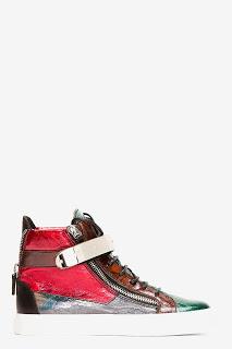 Luxe In Conflicted Color:  Giuseppe Zanotti Red Iridescent Leather Colorblock London Sneakers