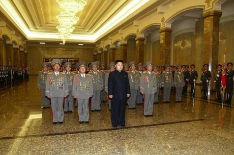 Kim Jong Un visits the Ku'msusan Palace of the Sun in Pyongyang on 24 December 2013.  Also seen in attendance are: Minister of the People's Armed Forces Gen. Jang Jong Nam (1), Director of the KPA General Political Department VMar Choe Ryong Hae (2) and Chief of the KPA General Staff Gen. Ri Yong Gil (3) (Photo: Rodong Sinmun).