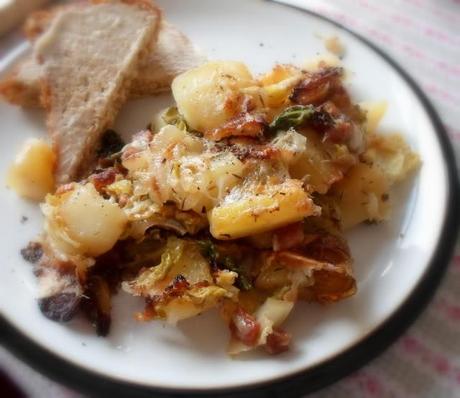 Cheesy Bacon, Potato and Cabbage Gratin