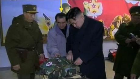 Kim Chang Son (annotated) assists Kim Jong Un's examination of first aid equipment during KJU's field inspection of KPA Unit #842 in February 2012 (Photo: KCTV screengrab/NKLW file photo).