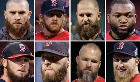 Boston Herald photo showing eight members of 2013 World Series Champion Boston Red Sox with their famous beards