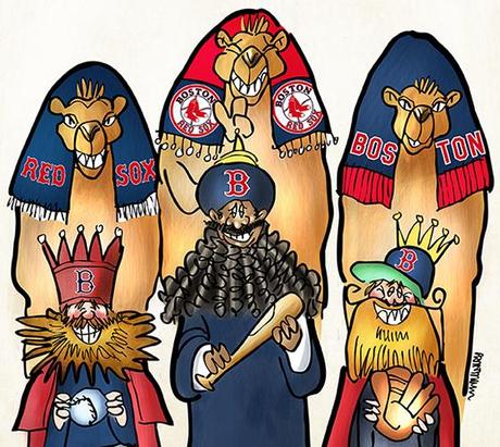 detail image of Wise Men Three Kings Epiphany parody showing three Boston Red Sox fans with beards and camels and bat ball and glove gifts headed for Fenway Park to pay homage to their bearded baseball heroes and 2013 World Series Champions