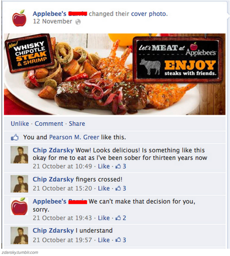 Chris Zdarksy just keeps on messing with Applebee’s.