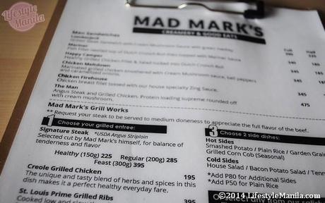 Mad Mark's Glorietta 5 Menu Price list as of January 2014