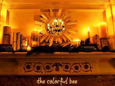 A Winter Mantel and an Online Class in Photography winter mantel with sunburst mirror candles and books