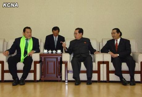 Jang Song Taek (C) at his last observed appearance on 6 November 2013 meeting with a Japanese sports delegation in Pyongyang including Antonio Inoki (L) (Photo: KCNA).