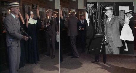Truth vs. Fiction: The Bank-Robbing Style of Warren Oates as Dillinger Even without saying a word, Harry Dean Stanton (far left as Homer Van Meter in the gray suit) manages to steal the scene. The black rosary dangling from his pocket was evidently yanked from one of the nuns... I'm not sure whether or not this was from a deleted scene or if it was just placed in Van Meter's pocket to indicate that he would have taken it, but it's very entertaining to those who notice it.