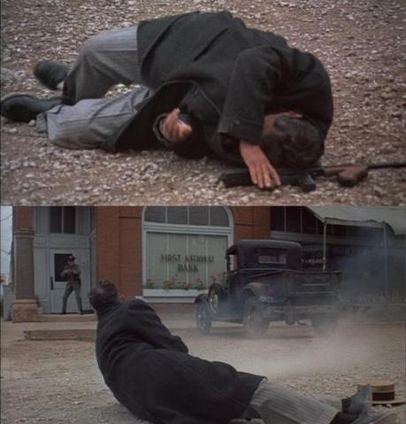 Truth vs. Fiction: The Bank-Robbing Style of Warren Oates as Dillinger The film softens the O'Malley murder by having O'Malley (here a guard rather than a policeman) kill Charley Makley with a shotgun. A winded Dillinger retaliates with his Thompson and, after he stumbles into the getaway car, Van Meter's shots are the ones used to fatally shoot the guard. Here, Dillinger reaches for his Thompson after he is hit by the getaway car (top) and reacts to the shooting of his buddy Makley (bottom).