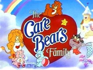 (L) The Care Bears, being pursued by evil fiend Beastly (R). 