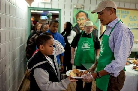 President Obama serves food in a soup kitchen on MLK Day of Service, 2010.