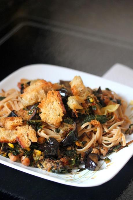 Kale, Eggplant, and Chickpea Pasta
